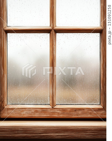 Raindrops Sliding Down a Foggy Window Pane with Wooden Frame and Misty Background Raindrops Sliding Down a Foggy Window Pane with Wooden Frame and Misty Background 131091258