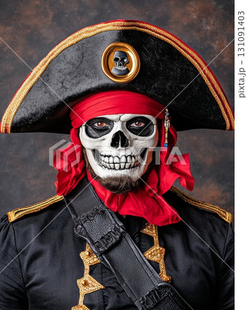 Skull with Jeweled Eye Socket in Pirate Costume and Dramatic Background 131091403
