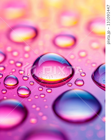 Abstract View of Colorful Water Droplets on Glass Surface with Vibrant Background 131091447
