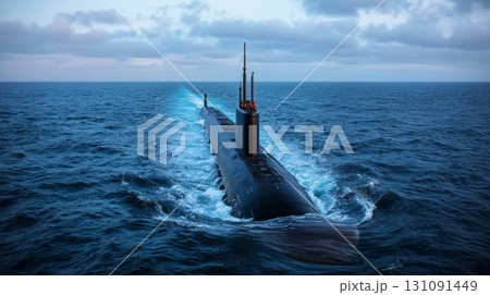 Submarine Surfacing in Rough Seas Under Dramatic Sky at Dusk Submarine Surfacing in Rough Seas Under Dramatic Sky at Dusk 131091449