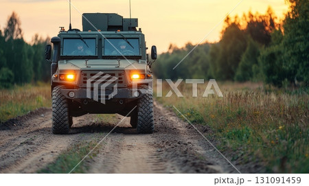 Military vehicle on desolate road during sunset with convoy under threat of ambush Military vehicle on desolate road during sunset with convoy under threat of ambush 131091459
