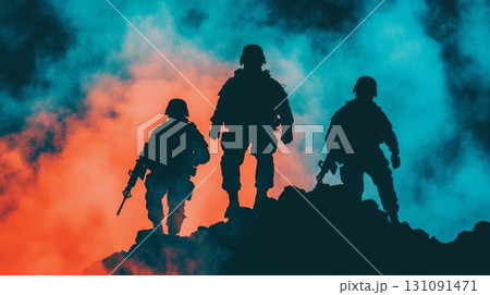 Soldiers Silhouetted Against Vibrant Smoke in Battlefield Scene with Dramatic Lighting 131091471