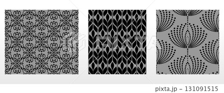 Geometric floral set of seamless patterns. Gray and black vector backgrounds. Damask graphic ornaments Geometric floral set of seamless patterns. Gray and black vector backgrounds. Damask graphic ornaments 131091515