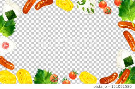 定番お弁当のおにぎり＆おかずのフレーム　手描き水彩イラスト背景素材 131091580