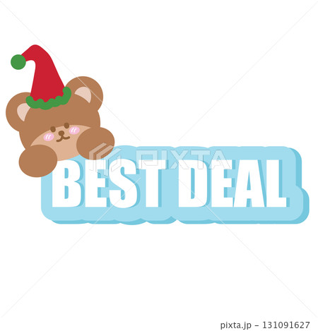 Festive Christmas sale icon of BEST DEAL with teddy bear for online shopping, marketing, winter promotion, sticker, banner, special price, discount, button, campaign badge, sticker, brochure, zoo, ads 131091627
