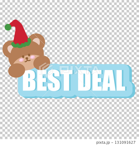Festive Christmas sale icon of BEST DEAL with teddy bear for online shopping, marketing, winter promotion, sticker, banner, special price, discount, button, campaign badge, sticker, brochure, zoo, ads 131091627
