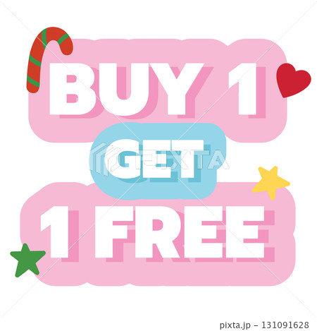 Festive Christmas sale icon of BUY 1 GET 1 FREE for online shopping, marketing, winter promotion, sticker, banner, special price, discount, button, campaign badge, sticker, brochure, ads, web button 131091628