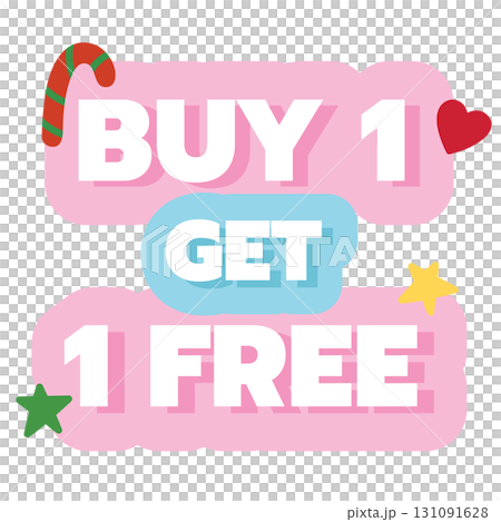 Festive Christmas sale icon of BUY 1 GET 1 FREE for online shopping, marketing, winter promotion, sticker, banner, special price, discount, button, campaign badge, sticker, brochure, ads, web button 131091628