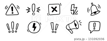 Doodle attention sign icon set. Hand drawn caution signs, warning marks and alert sketch symbols designed to exclamation sign, error or important attention icon doodle. Vector 131092036