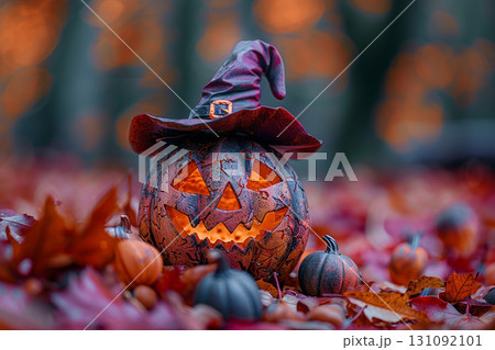 魔女帽子をかぶったジャックオーランタンのハロウィン装飾 131092101