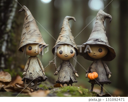Spooky Handmade Figurines with Pumpkins in Haunted Woods 131092471