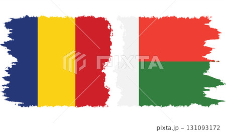 Madagascar and Romania grunge flags connection vector 131093172