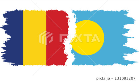 Palau and Romania grunge flags connection vector 131093207