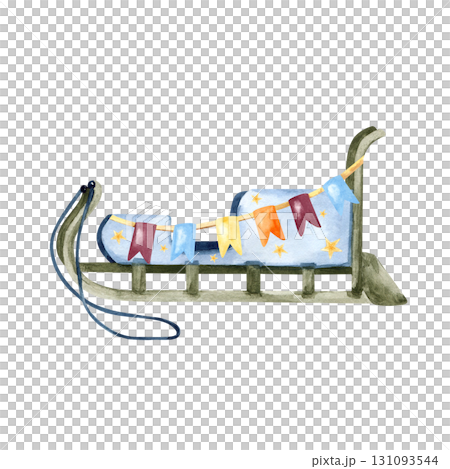 Wooden Christmas sled. Watercolor winter sleigh, sledge. Traditional vehicle of northern indigenous people, flag garland. Isolated clip art. Folk life, culture card design, children educational book 131093544