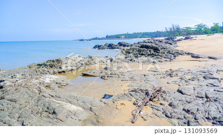 Panoramic Coastal View with Rocky Shore and Distant Green Trees Panoramic Coastal View with Rocky Shore and Distant Green Trees 131093569