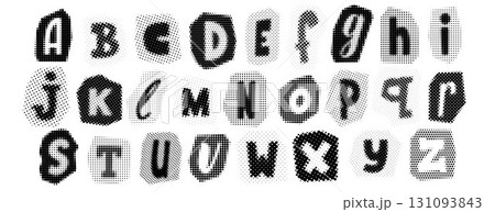 Black halftone alphabet. Retro pixelated letters design. Comic pop art cut out font. Old-fashioned newspapers typography set. Grunge textured dotted abc. Rasterized bitmap English alphabet. Vector 131093843