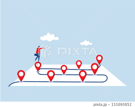 Businessman run on milestone location pin on business roadmap step planning or progress concept project milestone or business journey achievement, workflow or process timeline to success Businessman run on milestone location pin on business roadmap step planning or progress concept project milestone or business journey achievement, workflow or process timeline to success 131093852