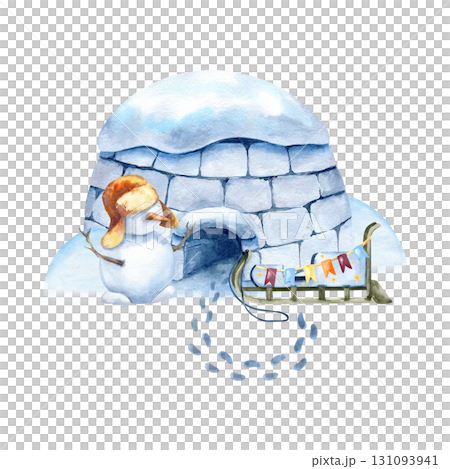 Igloo with snow on top, snowman, Christmas wooden sled, footprints. Watercolor icehouse, snowdrift, flag garland. Art isolated from background. New year card, winter decoration, children design Igloo with snow on top, snowman, Christmas wooden sled, footprints. Watercolor icehouse, snowdrift, flag garland. Art isolated from background. New year card, winter decoration, children design 131093941