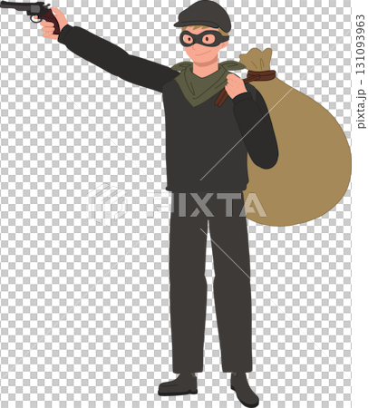 armed robbery bandit masked criminal holding pistol and sack of money 131093963