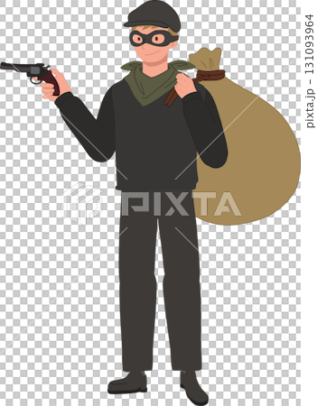robber thief burglary masked man cartoon criminal with money bag and gun 131093964