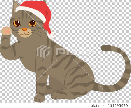 christmas cat illustration with santa hat cute tabby kitten cartoon festive holiday. 131093970