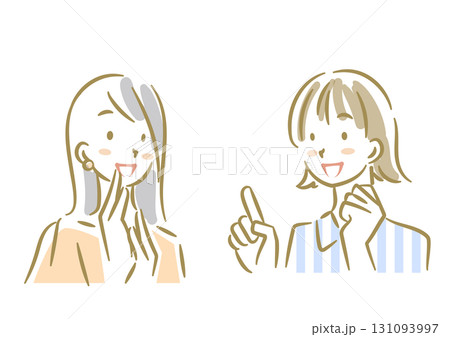 楽しくおしゃべりをするふたりの若い女性　ソフトなタッチのお洒落な線画イラスト 131093997