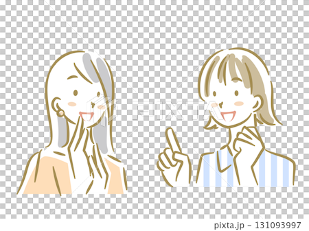 楽しくおしゃべりをするふたりの若い女性　ソフトなタッチのお洒落な線画イラスト 131093997