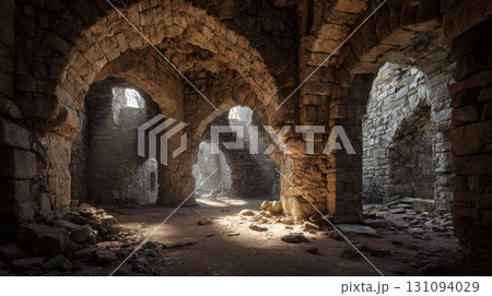 Ruined castle interior with crumbling stone archways and dramatic light, ancient and mysterious Ruined castle interior with crumbling stone archways and dramatic light, ancient and mysterious 131094029