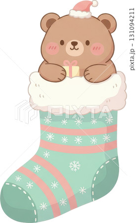 A cute cartoon bear wearing a Santa hat pops out of a Christmas ing holding a gift A cute cartoon bear wearing a Santa hat pops out of a Christmas ing holding a gift 131094211