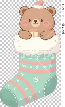 A cute cartoon bear wearing a Santa hat pops out of a Christmas ing holding a gift A cute cartoon bear wearing a Santa hat pops out of a Christmas ing holding a gift 131094211