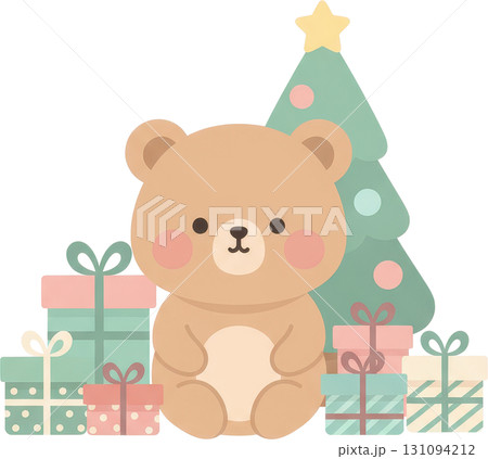 A cute cartoon bear with Christmas gifts and a festive tree 131094212