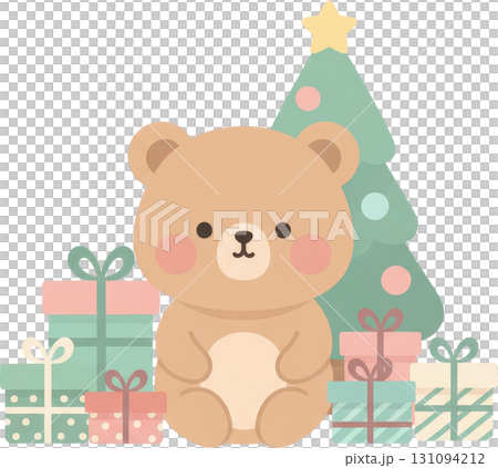A cute cartoon bear with Christmas gifts and a festive tree 131094212