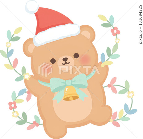 Cute teddy bear wearing Santa hat with festive wreath and bell Cute teddy bear wearing Santa hat with festive wreath and bell 131094225