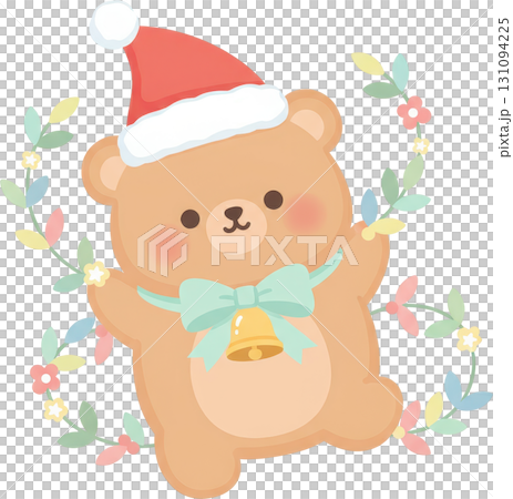 Cute teddy bear wearing Santa hat with festive wreath and bell Cute teddy bear wearing Santa hat with festive wreath and bell 131094225