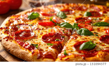 《AI画像》様々な具材の乗った美味しそうなピザ 131094377