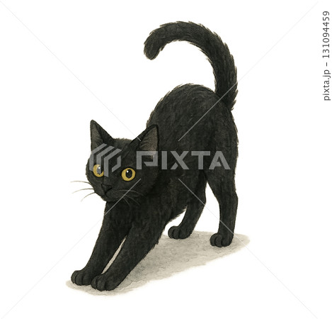 伸びをする黒猫のイラスト素材（PNG切り抜き） 131094459