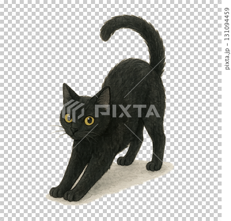 伸びをする黒猫のイラスト素材（PNG切り抜き） 131094459