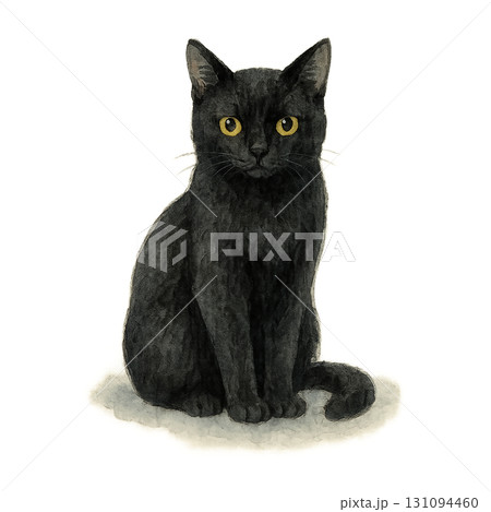 座って前を見つめる黒猫のイラスト素材（PNG切り抜き） 131094460