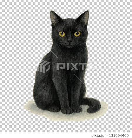座って前を見つめる黒猫のイラスト素材（PNG切り抜き） 131094460