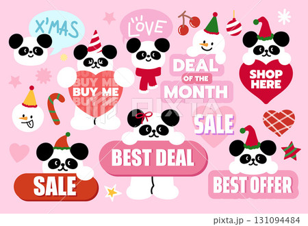 Cute Christmas sale icons such as best deal, shop here, deal of the month, best offer for online shopping, marketing, promotion, sticker, banner, special price, discount, banner, button, campaign 131094484