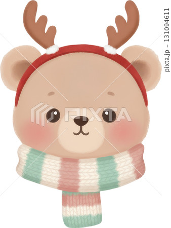 A cute cartoon bear wearing a festive Christmas headband with antlers and a striped scarf 131094611