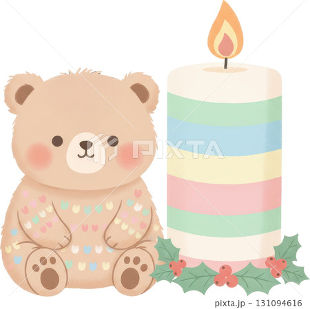 A cute teddy bear sits with a lit festive candle adorned with holly A cute teddy bear sits with a lit festive candle adorned with holly 131094616