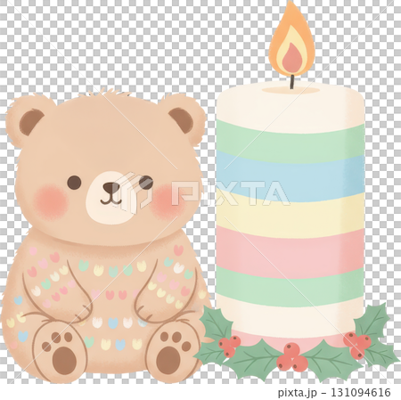 A cute teddy bear sits with a lit festive candle adorned with holly A cute teddy bear sits with a lit festive candle adorned with holly 131094616