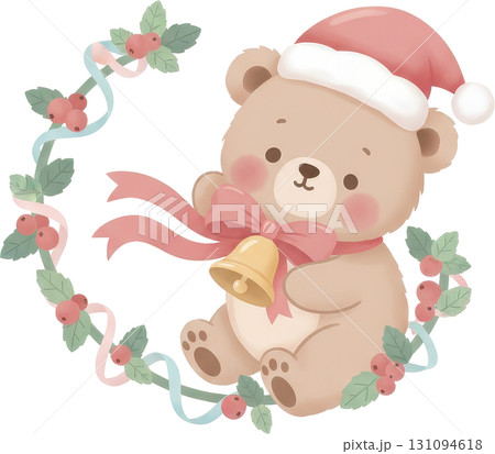 A cute teddy bear with a Santa hat and bell surrounded by a Christmas wreath 131094618