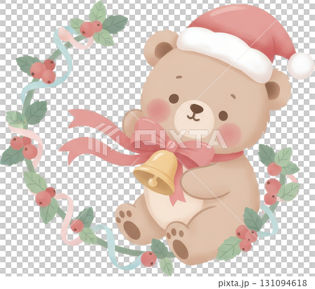 A cute teddy bear with a Santa hat and bell surrounded by a Christmas wreath 131094618