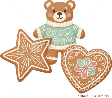 A cute teddy bear with star and heart shaped gingerbread cookies 131094619