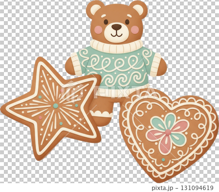 A cute teddy bear with star and heart shaped gingerbread cookies 131094619