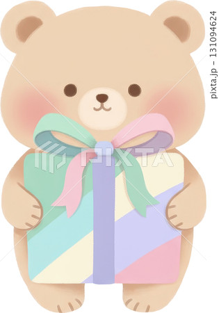 Adorable teddy bear holding a pastel gift box tied with a colorful ribbon Adorable teddy bear holding a pastel gift box tied with a colorful ribbon 131094624