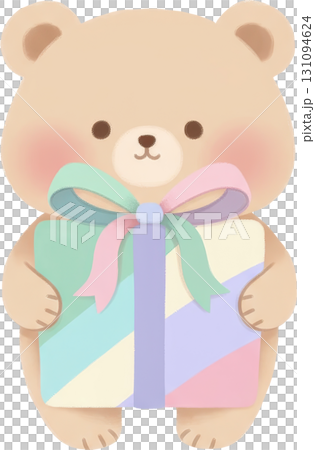 Adorable teddy bear holding a pastel gift box tied with a colorful ribbon Adorable teddy bear holding a pastel gift box tied with a colorful ribbon 131094624