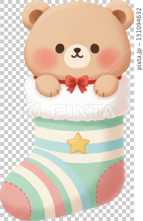 Cute cartoon bear peeking out of a festive Christmas stocking Cute cartoon bear peeking out of a festive Christmas stocking 131094632